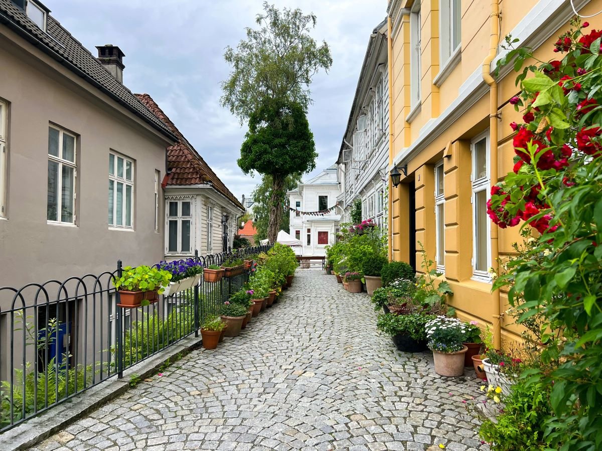 En gate med blomsterkrukker, brostein, og blanding av hvite trehus og fargerike boligblokker. 